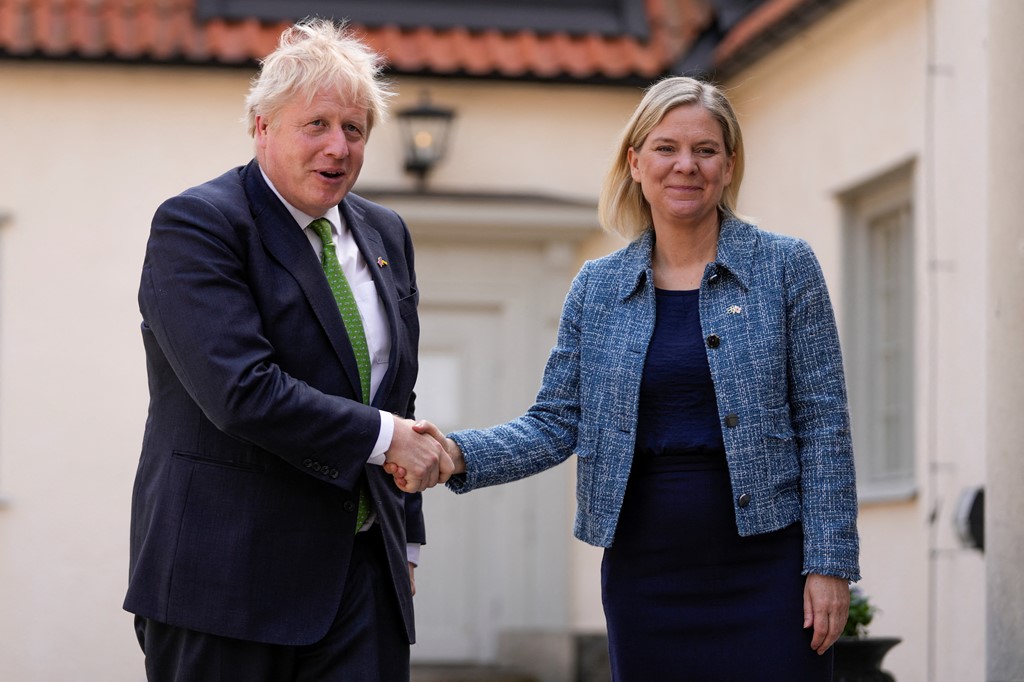 Prime Minister Boris Johnson is welcomed by Sweden's Prime Minister Magdalena Andersson in Harpsund