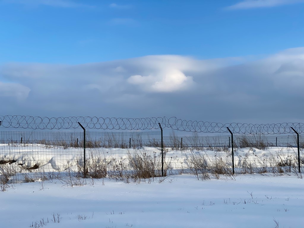  The border fence that separates Russian and Ukrainian territory in the Kharkiv region